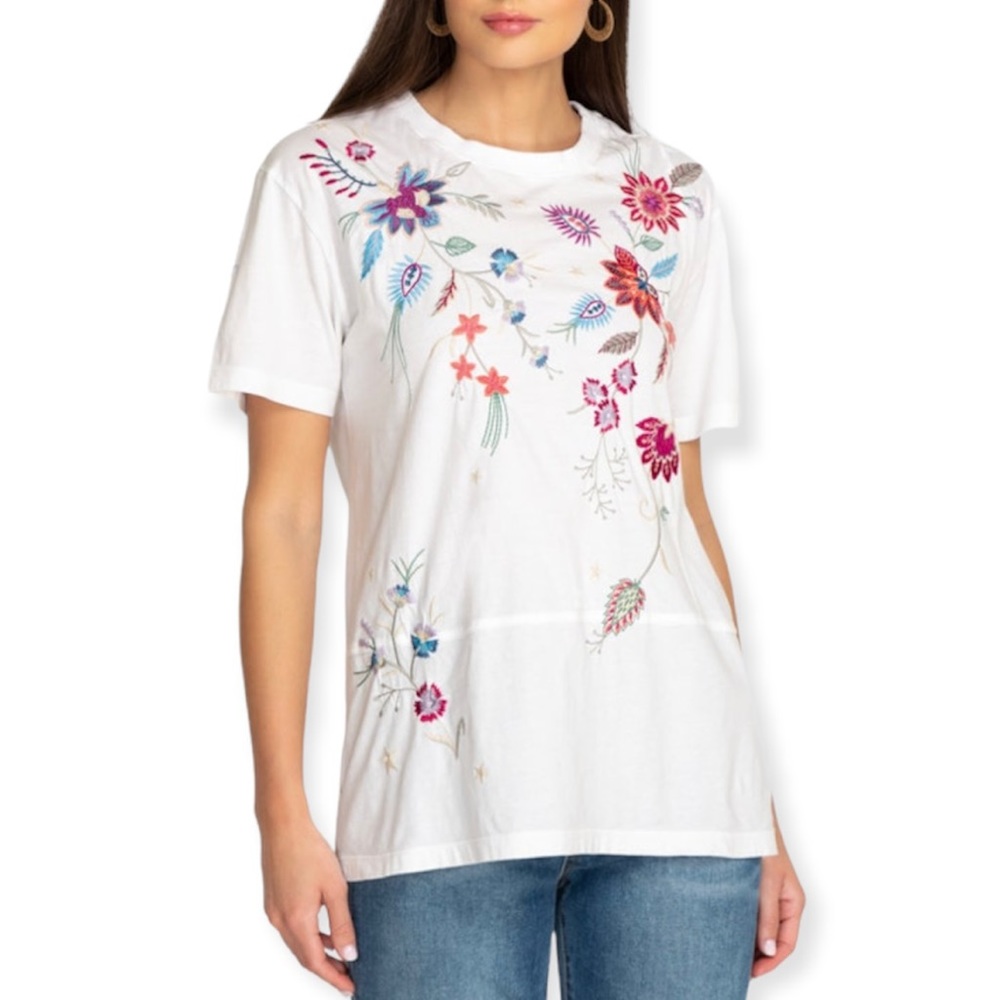 JOHNNY WAS Phoebe Tee Floral Embroidery Short Sleeve Relaxed T-Shirt White NWT